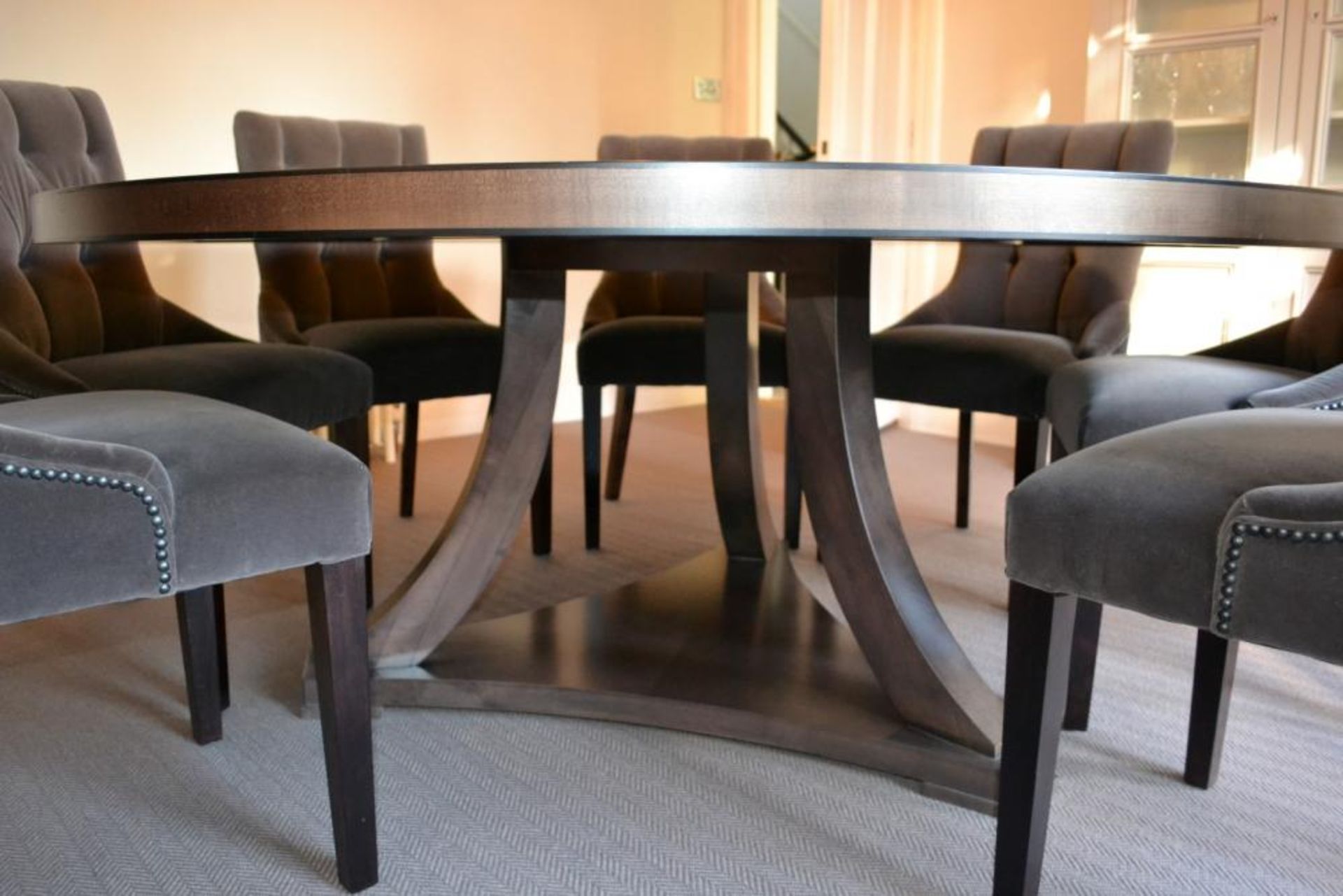 1 x Bespoke Round Dining Table With Sycamore Wood Finish - Includes Set of Six Grey Button Back - Image 19 of 20