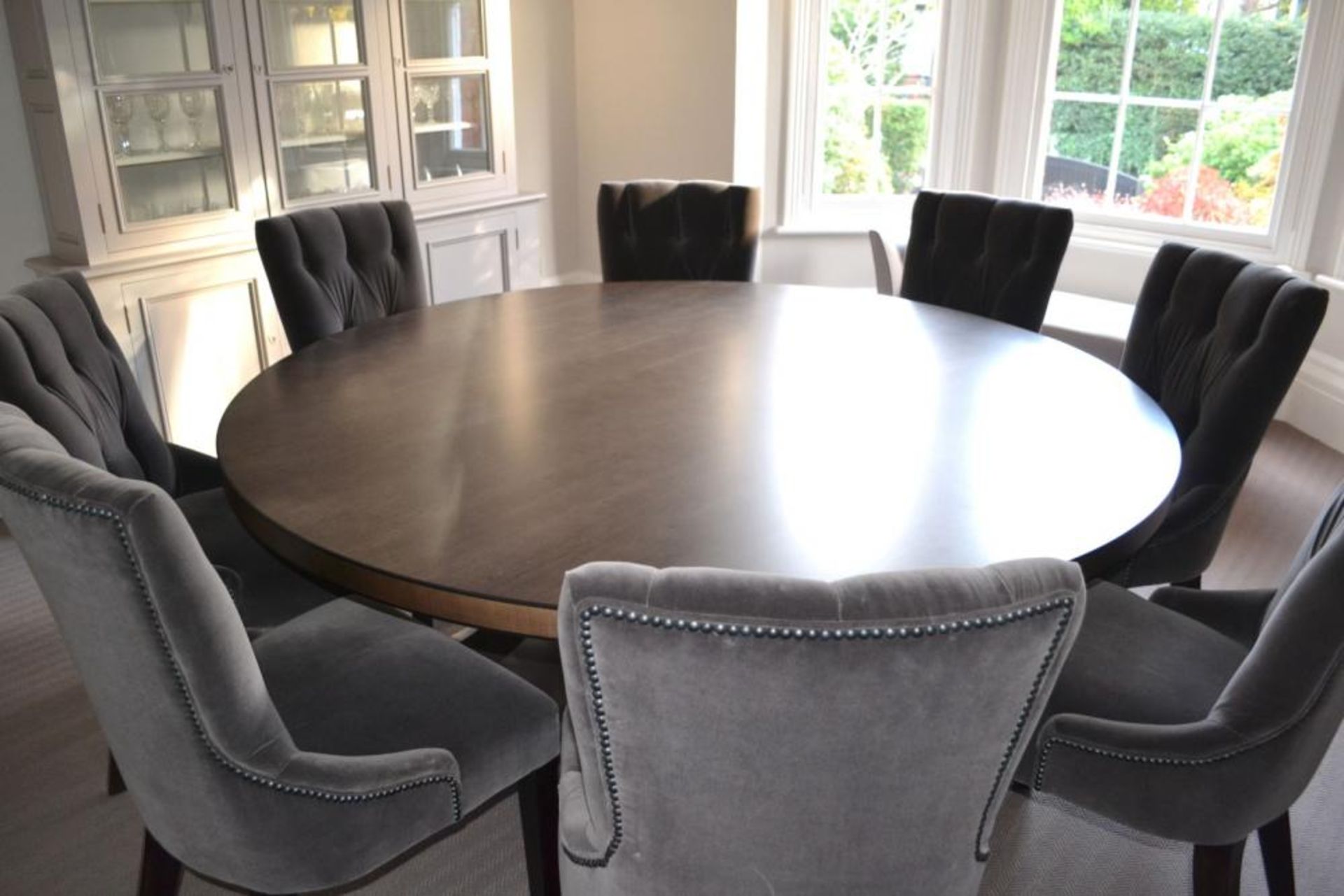 1 x Bespoke Round Dining Table With Sycamore Wood Finish - Includes Set of Six Grey Button Back - Image 4 of 20