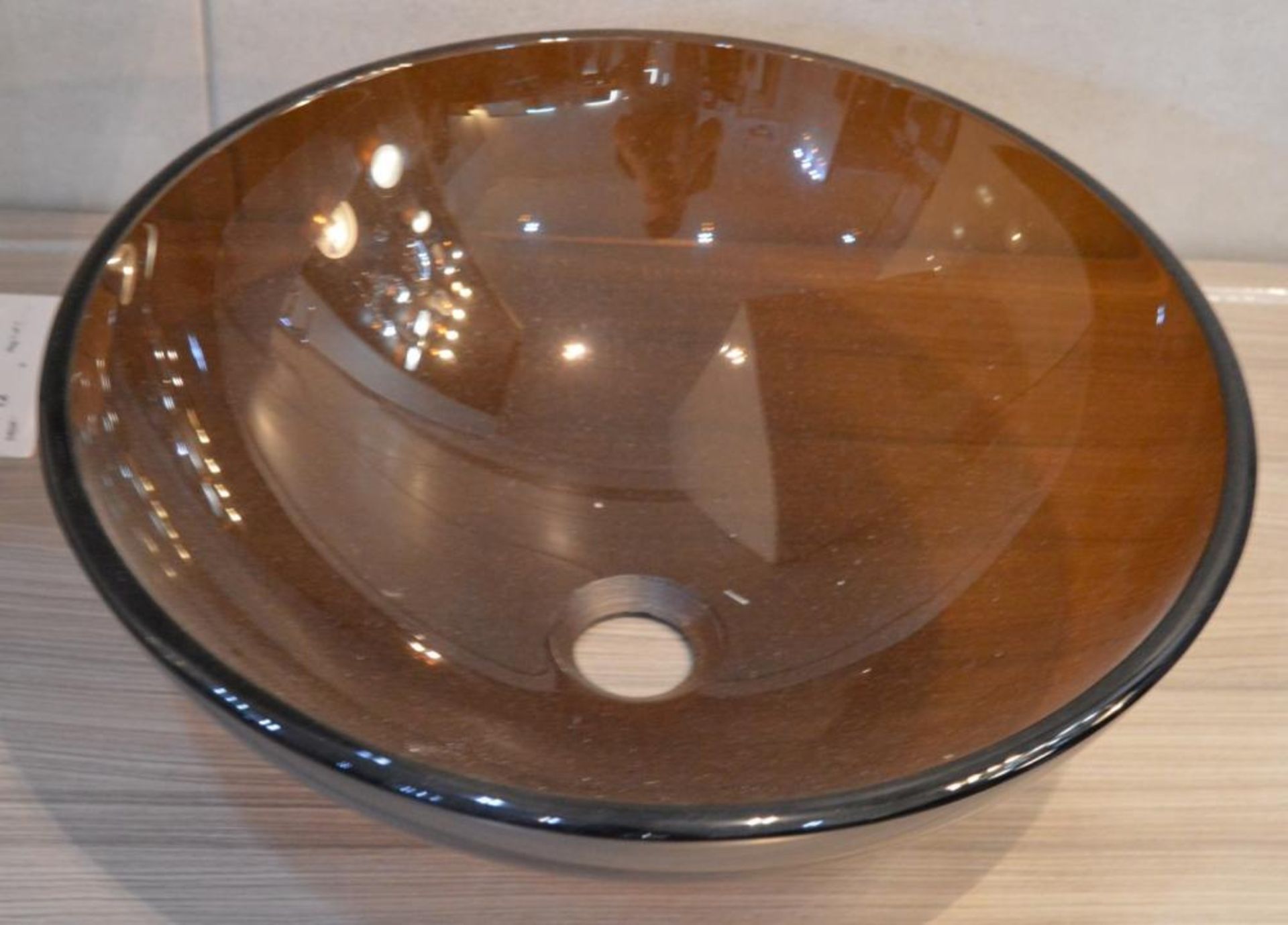 1 x Rossini Oak 800mm Shelf With DiVetro Brown Glass Countertop Sink Basin - 41cm Diameter - Unused - Image 6 of 6