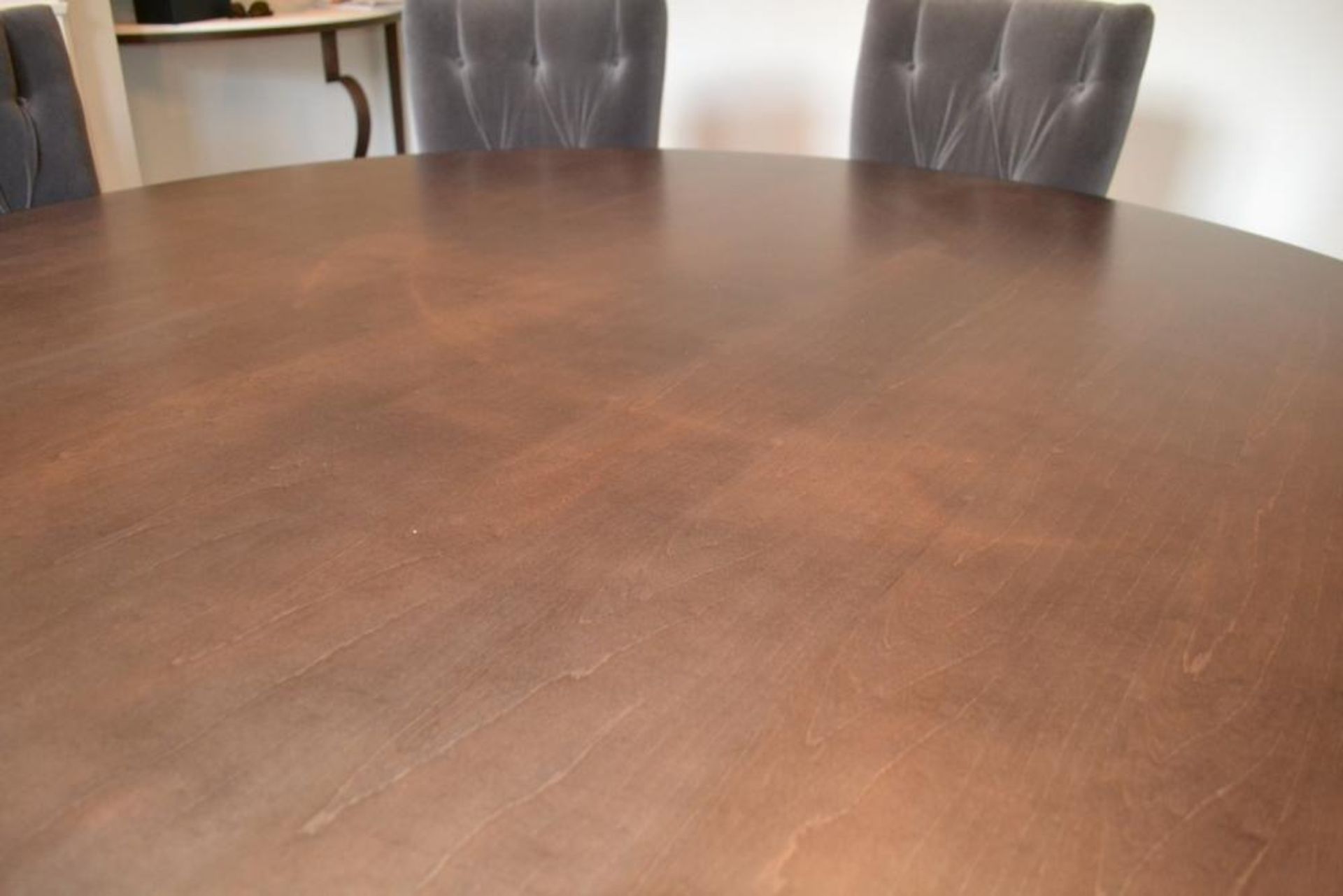 1 x Bespoke Round Dining Table With Sycamore Wood Finish - Includes Set of Six Grey Button Back - Image 8 of 20