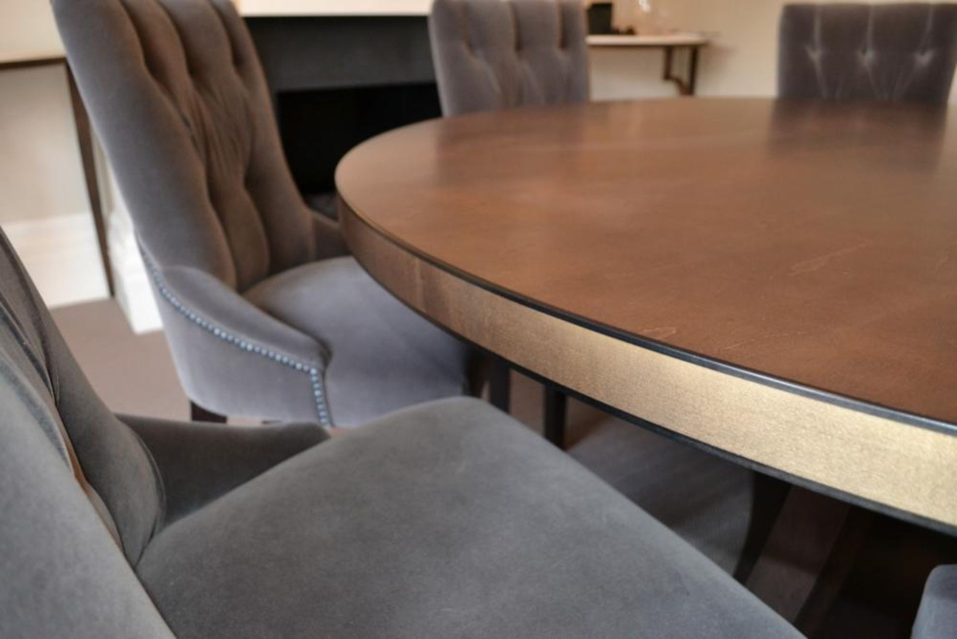 1 x Bespoke Round Dining Table With Sycamore Wood Finish - Includes Set of Six Grey Button Back - Image 3 of 20