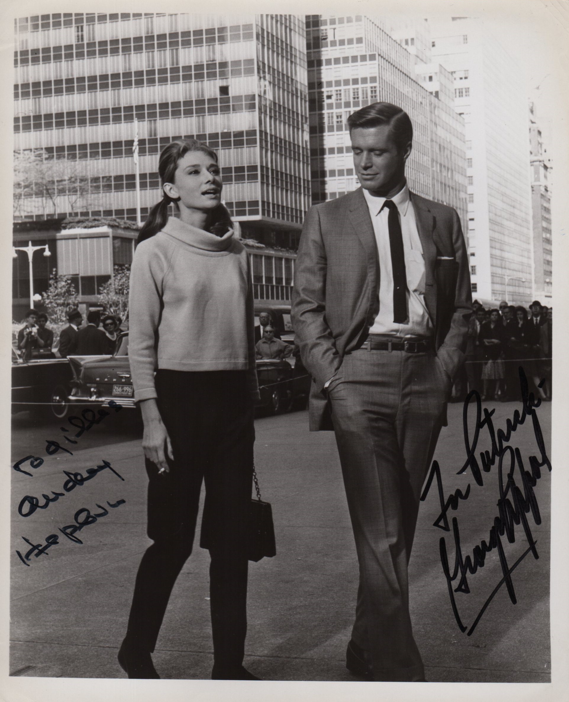 BREAKFAST AT TIFFANY'S: Signed and inscribed 8 x 10 photograph by both Audrey Hepburn (Holly