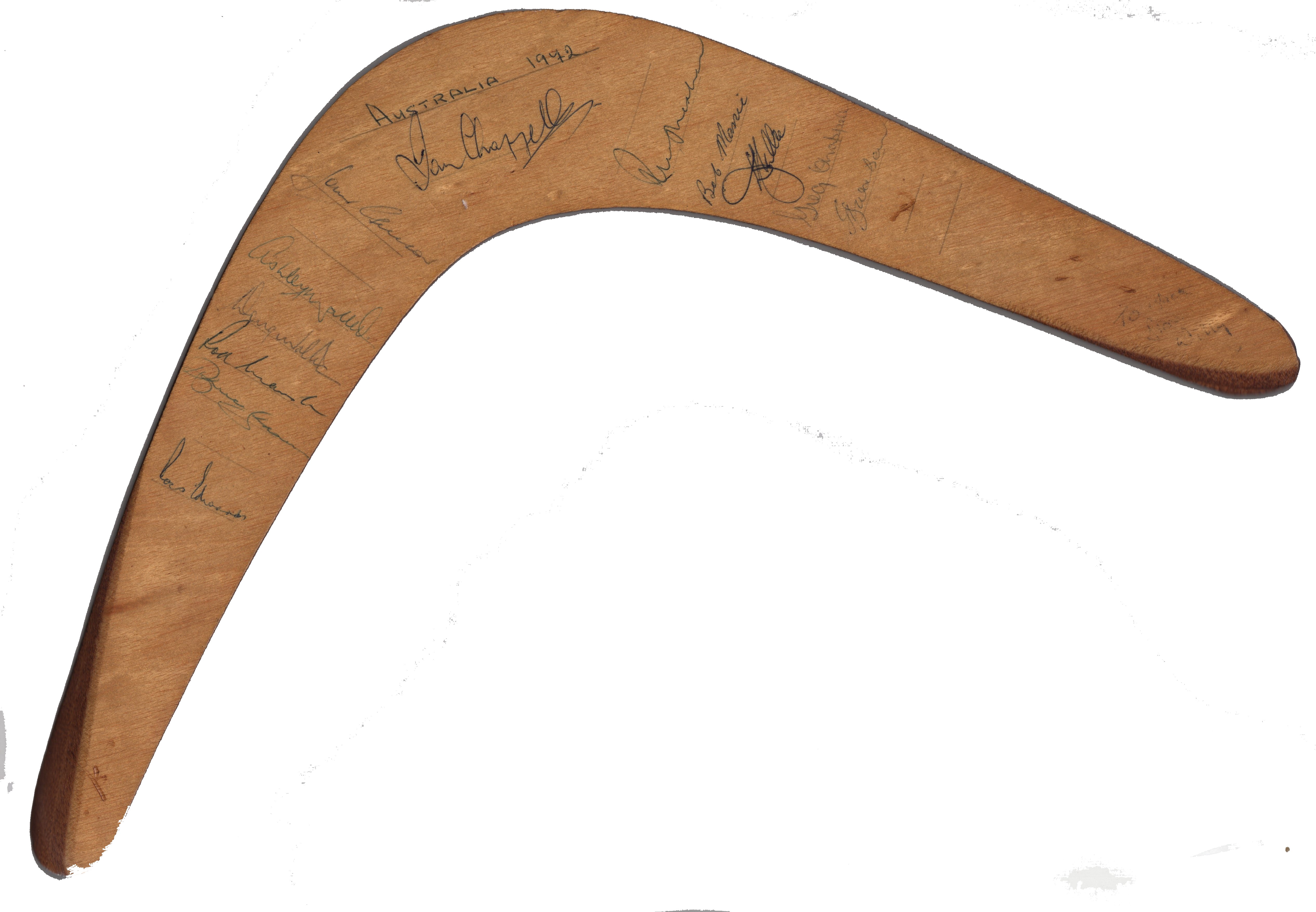 AUSTRALIAN CRICKET: A wooden boomerang featuring a kangaroo signed to the verso by twelve members