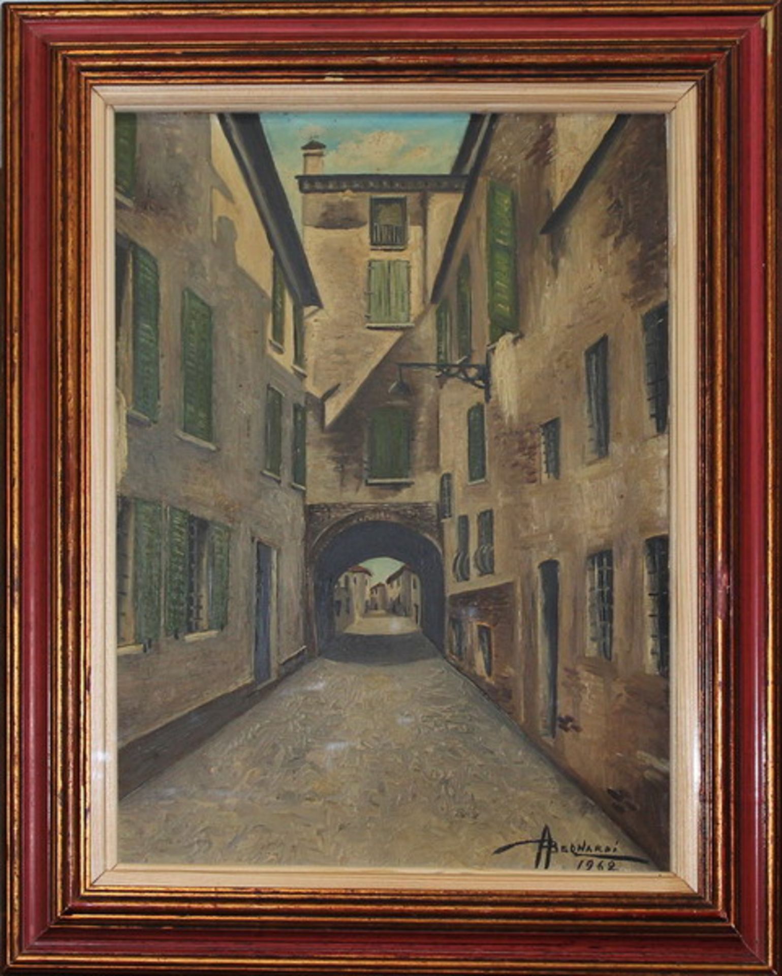 N. 3909 (V.F 848) VIA DELLE VOLTE FERRARA, 1962, BERNARDI, OLIO SU TAVOLA 29X40