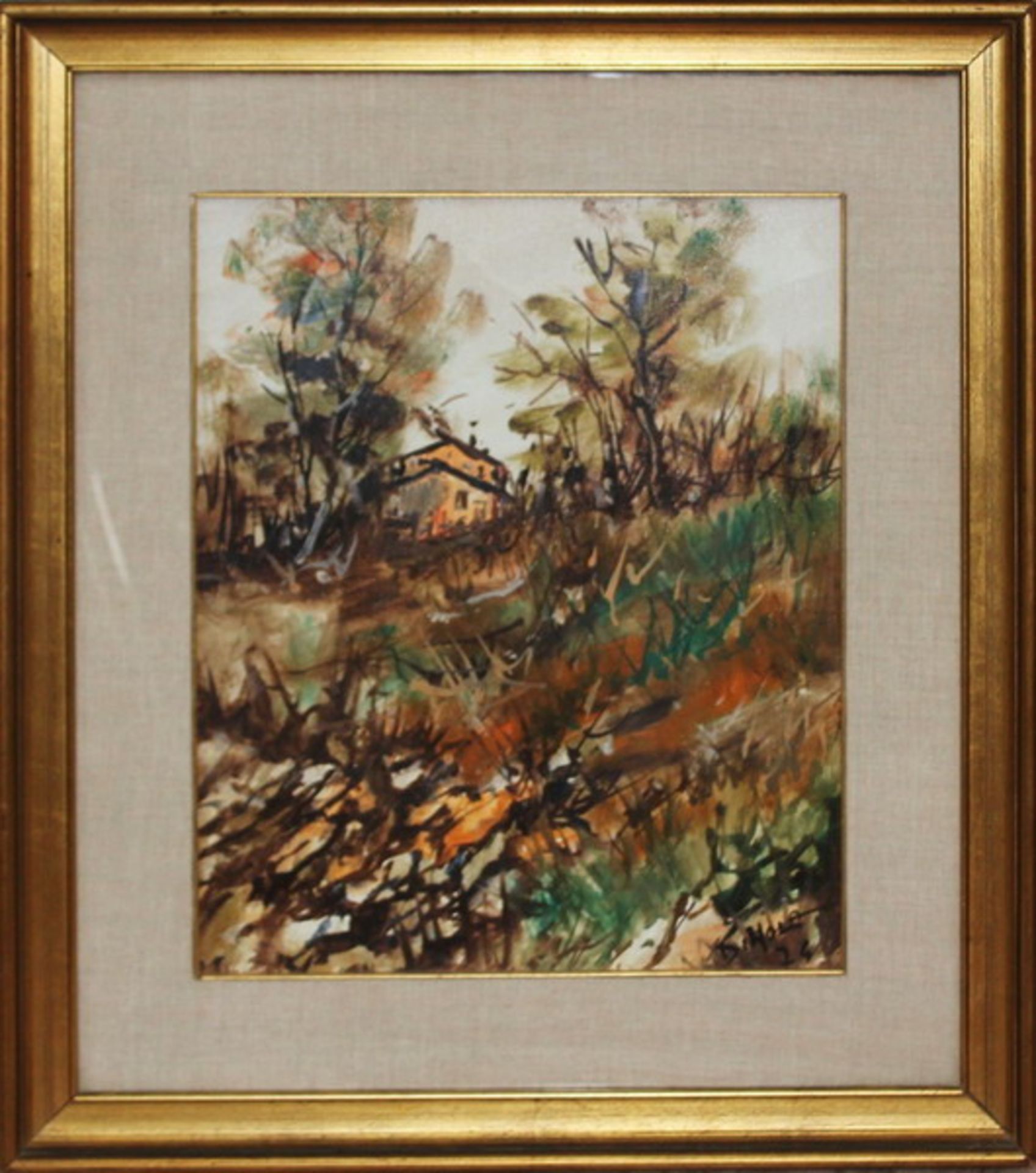 N. 3908 (V.F 848) PAESAGGIO CON CASA, 1974, DI NOLA OTTAVIO, OLIO SU TELA 37X47