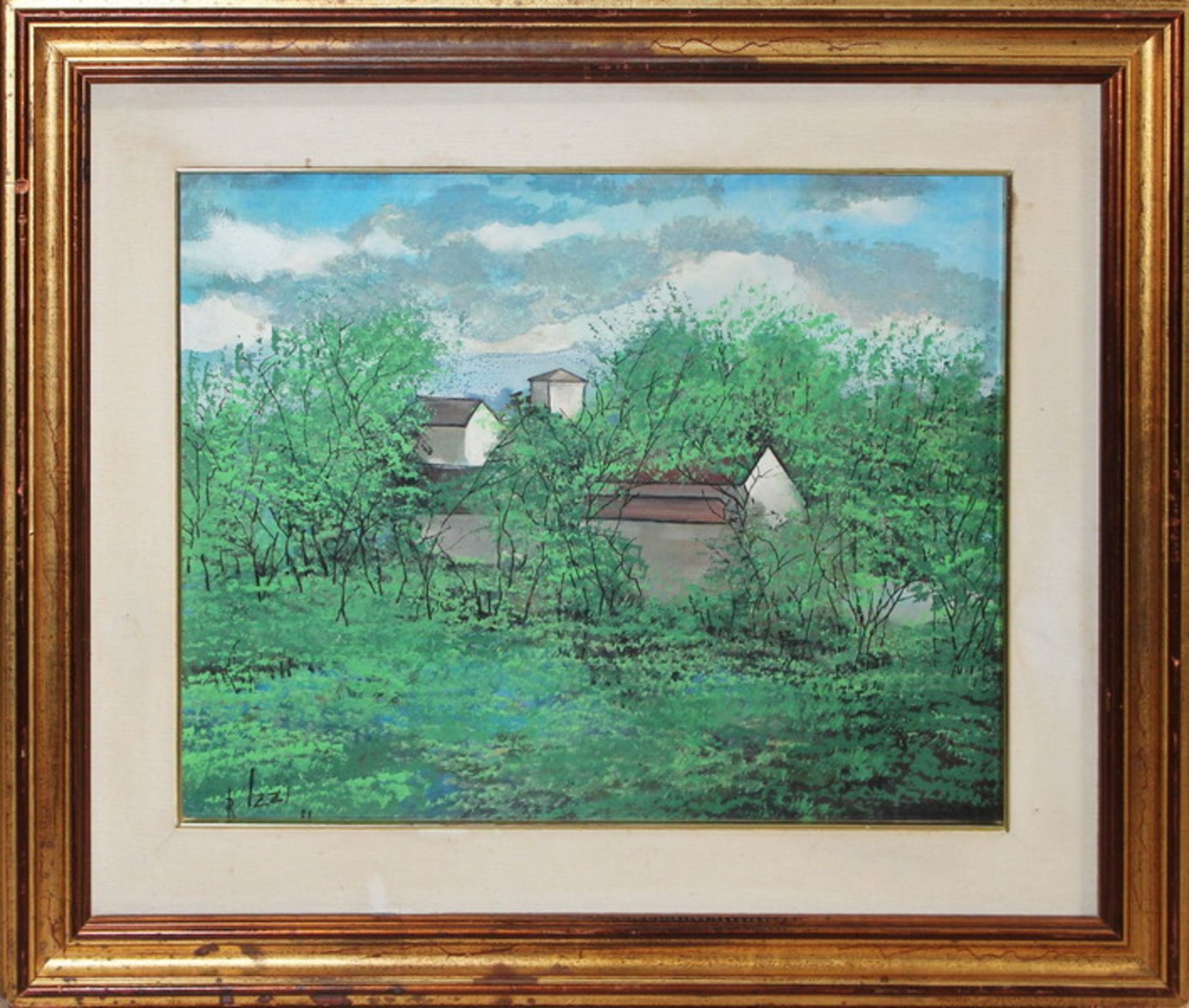 N. 3903 (V.F 848) PAESAGGIO CON CASE, IZZI RENZO, OLIO SU TELA 48X38