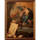 Madonna con Bambino e Santo, scuola Italiana del '600, cornice coeva, cm. 90x117