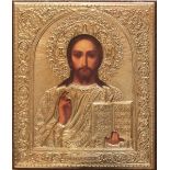 Riproduzione raffigurante Cristo Pantocrator con riza in metallo, cm. 16x19