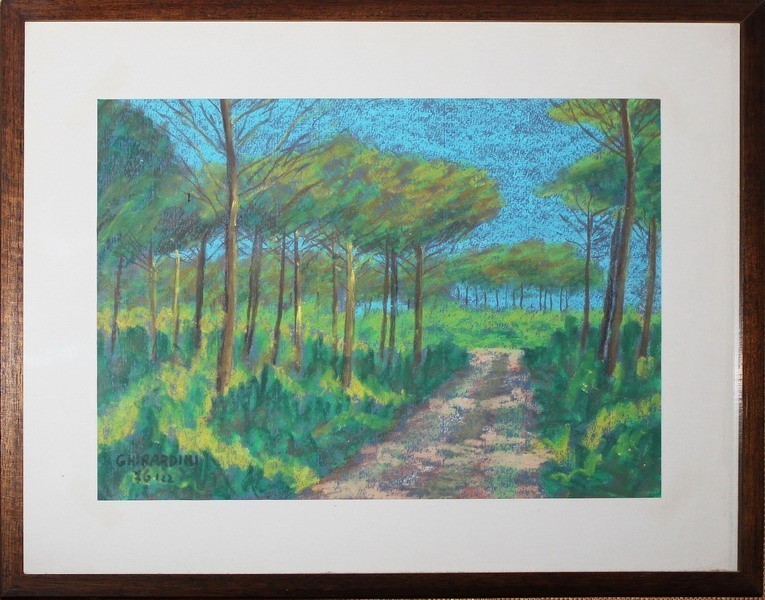 Strada con alberi, pastello su carta, Ghirardini 76, cm. 34x24