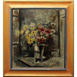 Vaso di fiori, olio su faesite, firmato, anni '50, cm. 50x61