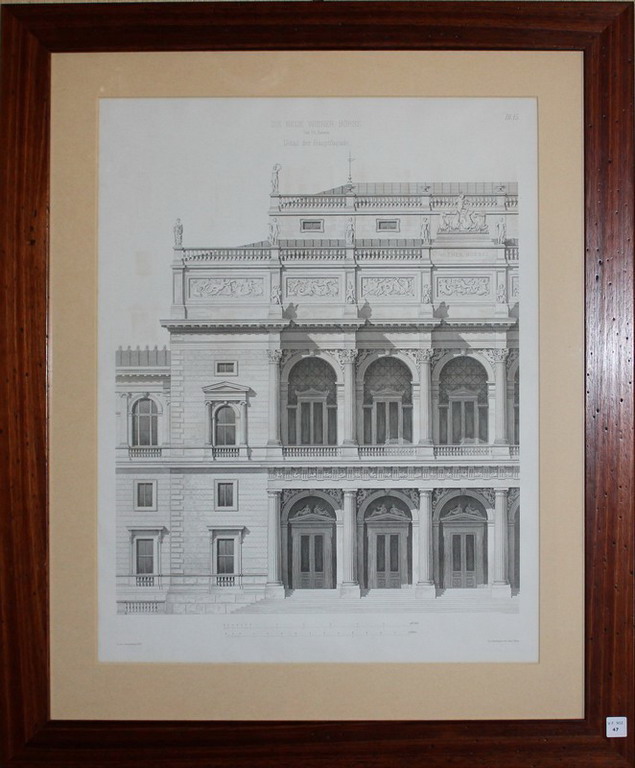 Litografia architettonica del palazzo Die Neue Wiener Borse, cm. 43x55