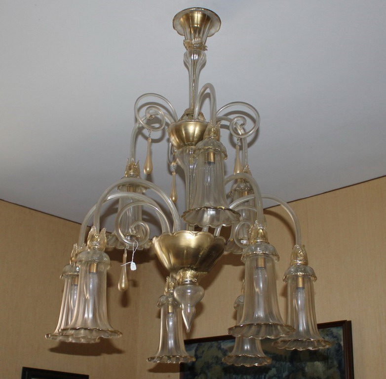 Lampadario in vetro di Murano anni '50 a nove luci, con screziature in oro zecchino, attribuibile