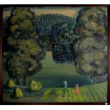 Contadine con sfondo di lago nel bosco, olio su tela, Vasiliy Sukhov, siglato CB 89, cm. 120x110