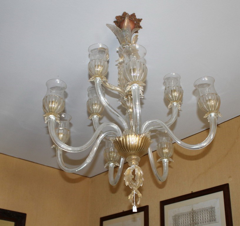 Lampadario in vetro di murano a otto luci con screziature in oro, Seguso Vetri d'Arte, anni '50