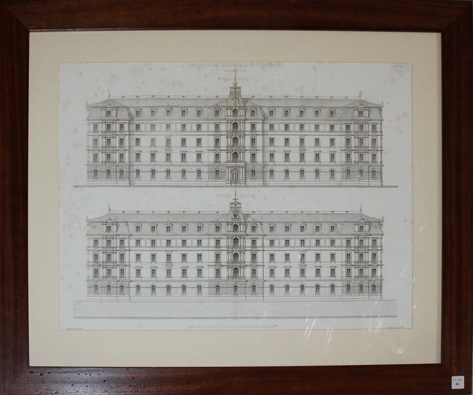 Litografia architettonica del palazzo Das Koniglche Militar Hospital Zu Dresden, della collezione