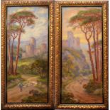 Paesaggi con rovine, coppia di dipinti olio su tavola cm. 26x62 scuola inglese dell'800