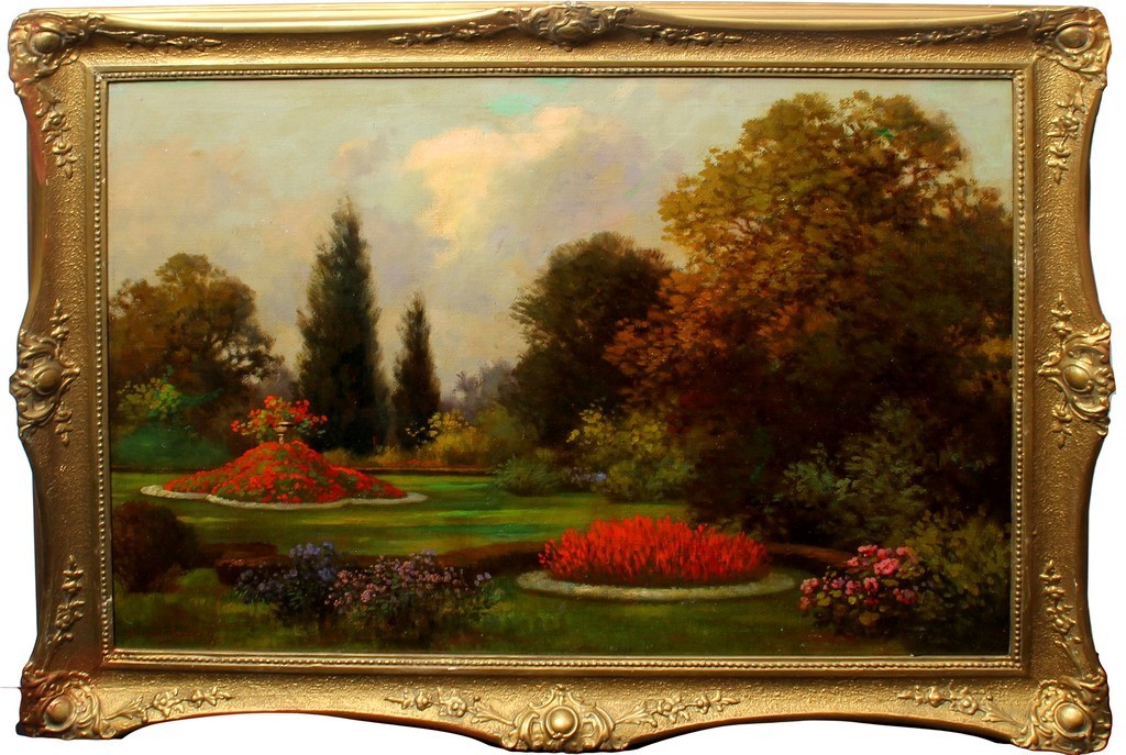 Giardino nel parco, firmato, olio su tela fine '800 primi '900, cm. 98x74, cornice coeva