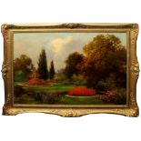 Giardino nel parco, firmato, olio su tela fine '800 primi '900, cm. 98x74, cornice coeva