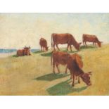 Künstler des 20. Jhd. - Russisch. Post-impressionistische Landschaft mit Kühen auf der