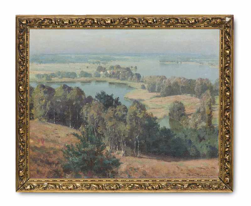 Busse, Hans. (1867 Berlin - 1914). Seenlandschaft mit Birkenhain. Öl auf Leinwand. 55,5 x 70 cm.