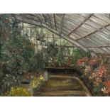 Hops, Walter Tom. (1906 - 1976, Hamburg). Blick in ein Gewächshaus im Botanischen Garten. Öl auf