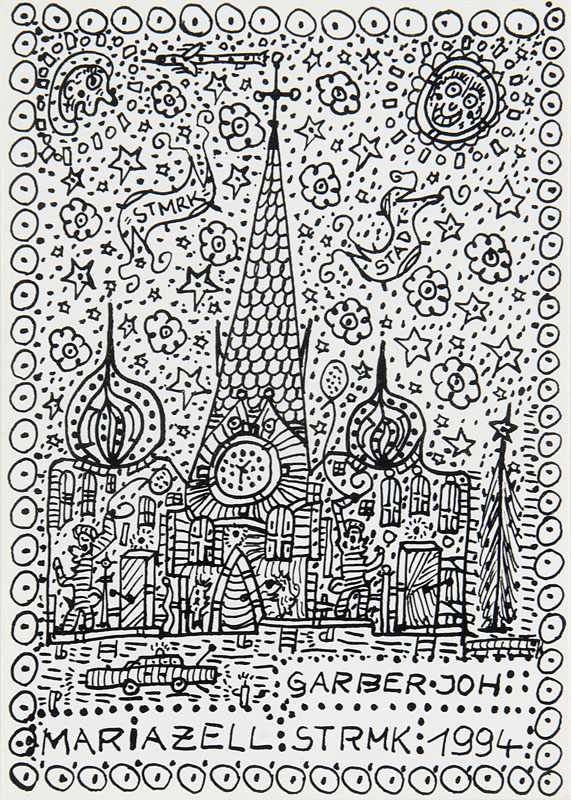 Art Brut - - Garber, Johann. (1947). Mariazell. 1994. Schwarze Feder auf Karton. 14,7 x 10,5 cm.