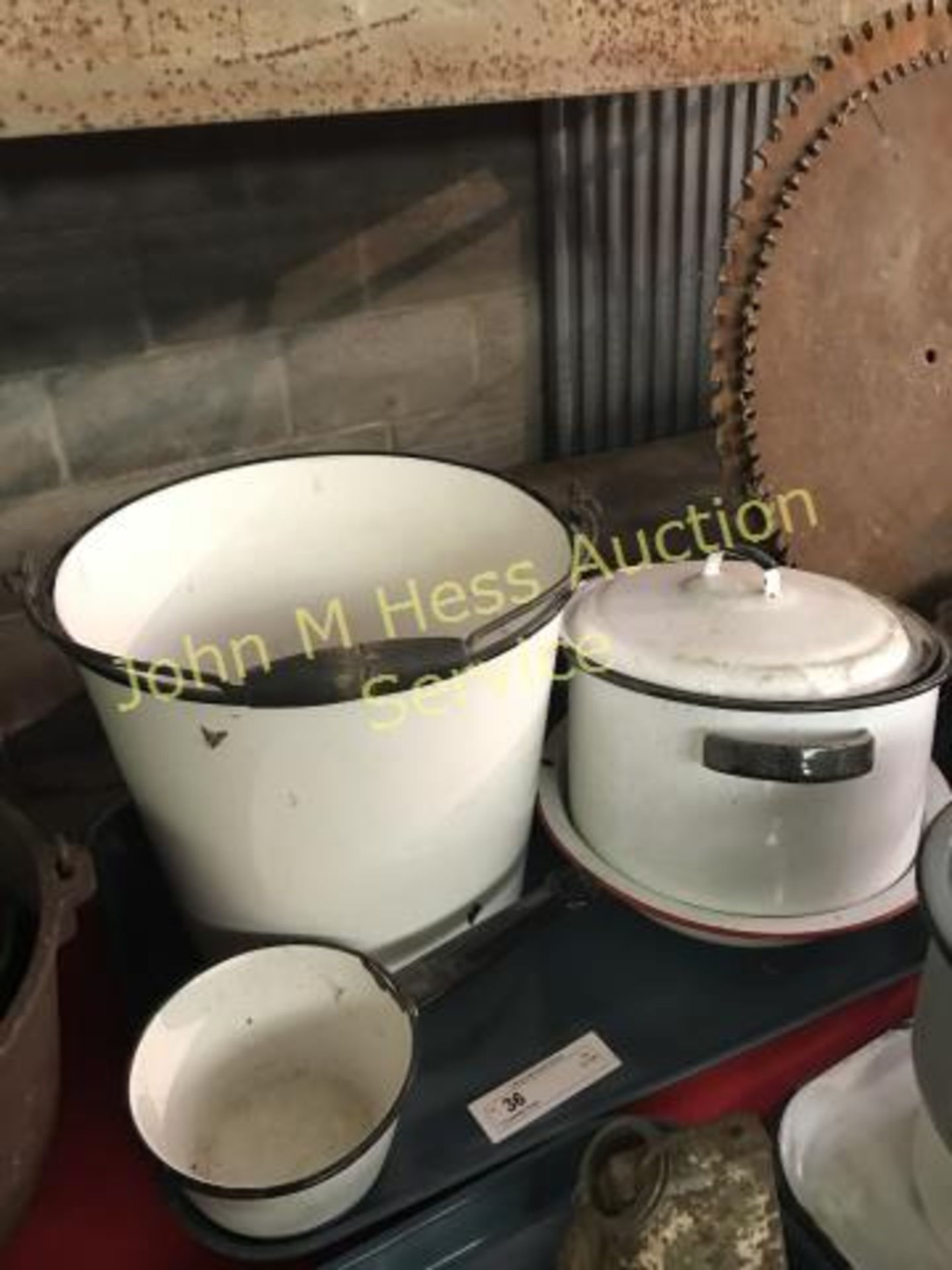 4 Enamelware Pieces 1 Bucket, 2 Pots, 1 Dish - Image 2 of 2