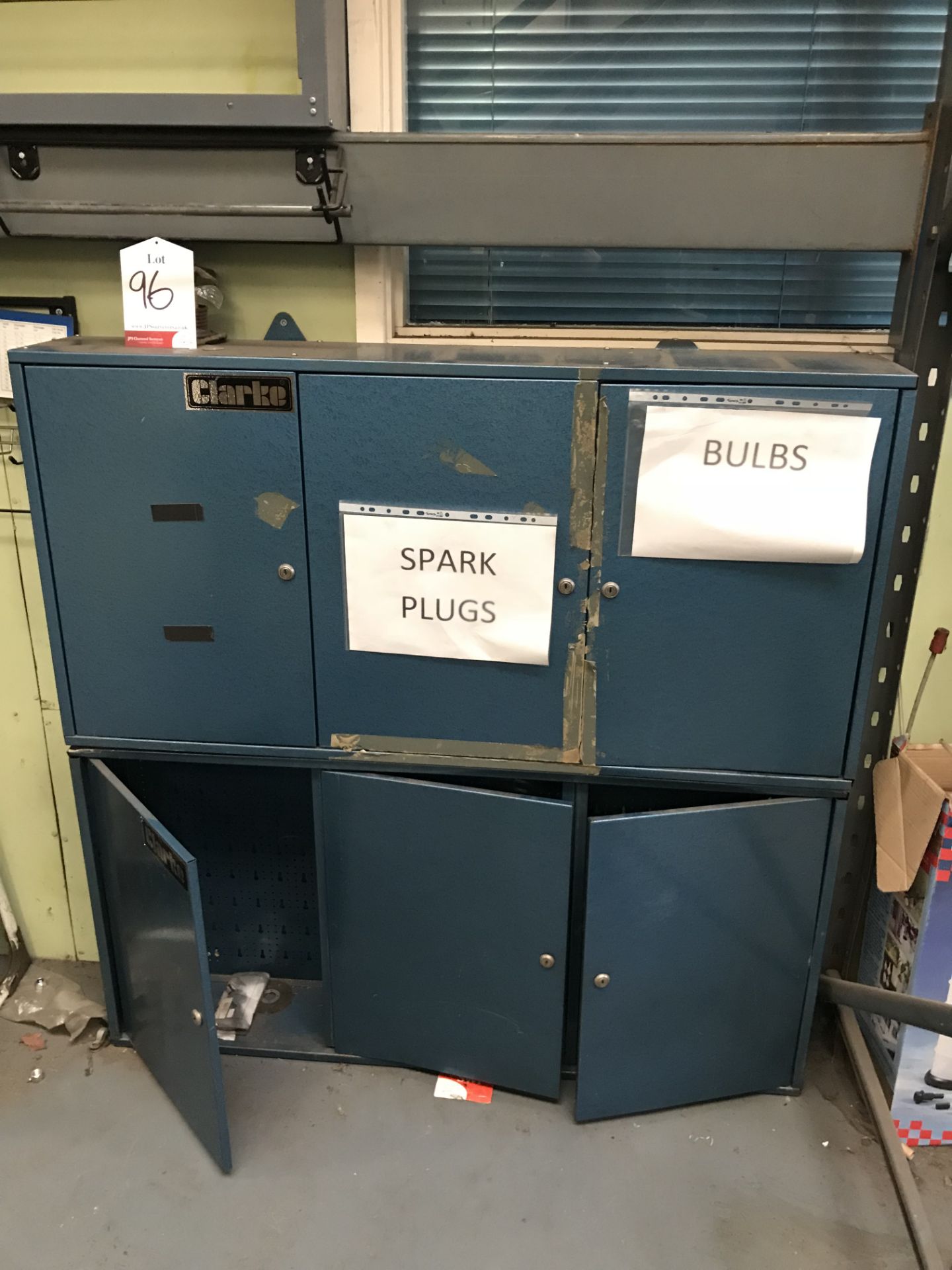 2 x Pigeon Hole Storage Bin Units & Clarke Workshop Cabinets w/ Contents of Fixings