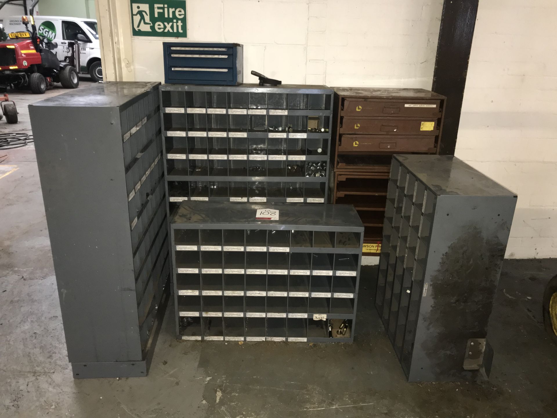 Quantity of Various Pigeon Hole Storage Bin Units & Workshop Drawer Units & Contents