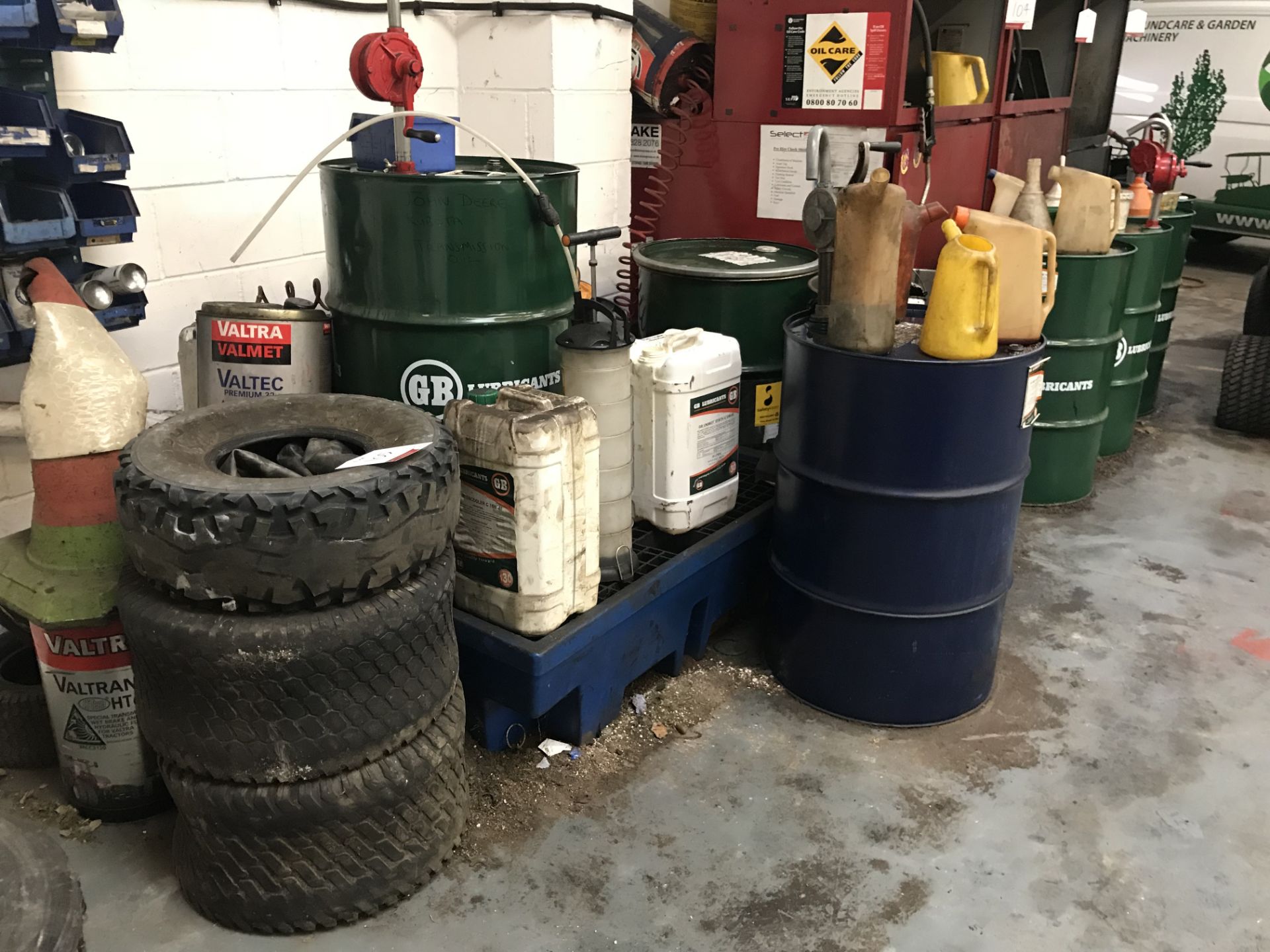 Quantity of GB Lubricant Drums w/ Pumps & Spill Tray