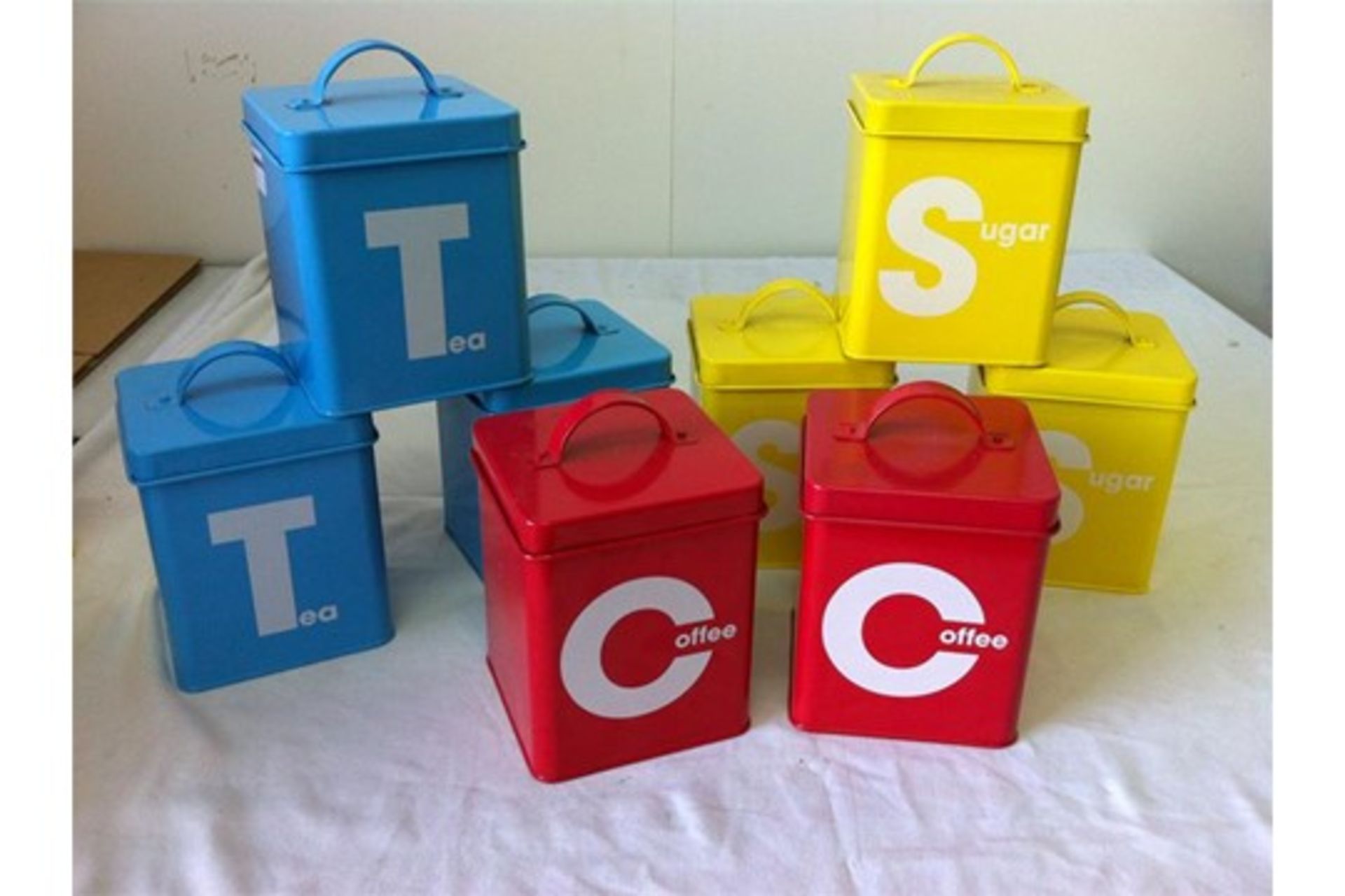 Tea/coffee/sugar caddies - various colours; 3 x large/4 x small teapots, 6 x boxes espresso cups/sau