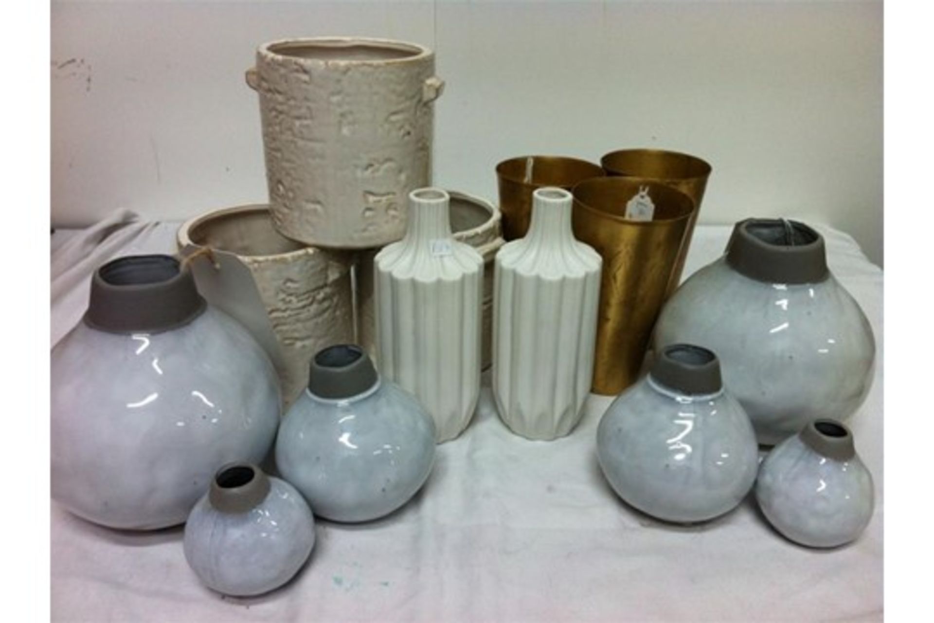 3 Bronze vases, 2 x ceramic fluted vases, 2 x sets of 3 grey vases, 3 x planters, 4 x jugs, 9 x past