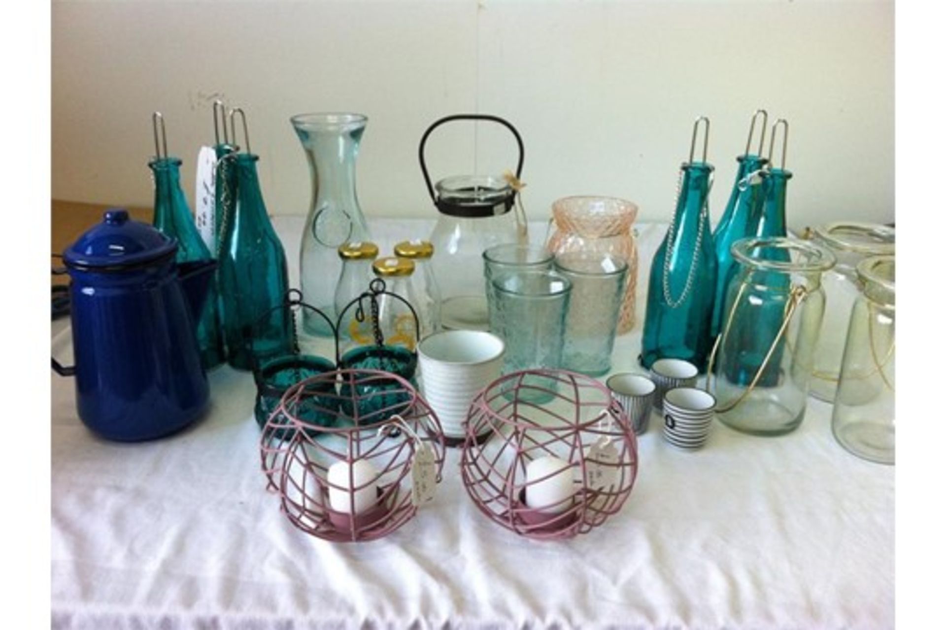 Approximately 35 glass/cage/bottle style tealight/candle holders, Large glass cake dome, 4 x glass c - Image 2 of 3