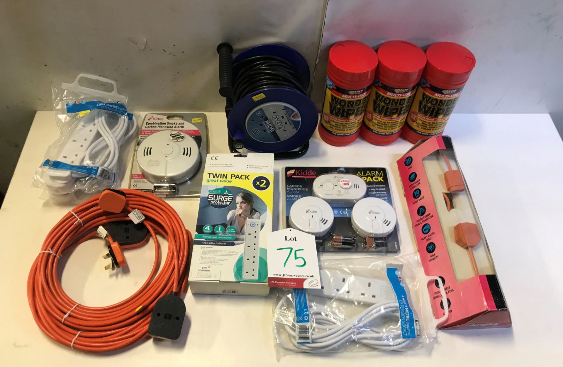 Quantity of Fire Alarms, Multi-purpose wipes & Extension leads as per photos
