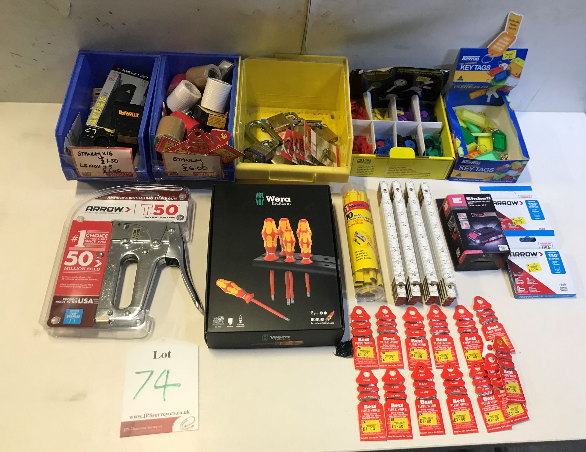 Mixed lot consisting of Rulers, Pencils, Fuse Wire, Staple Gun, Spare Blades, Tool Sets, Keyring etc