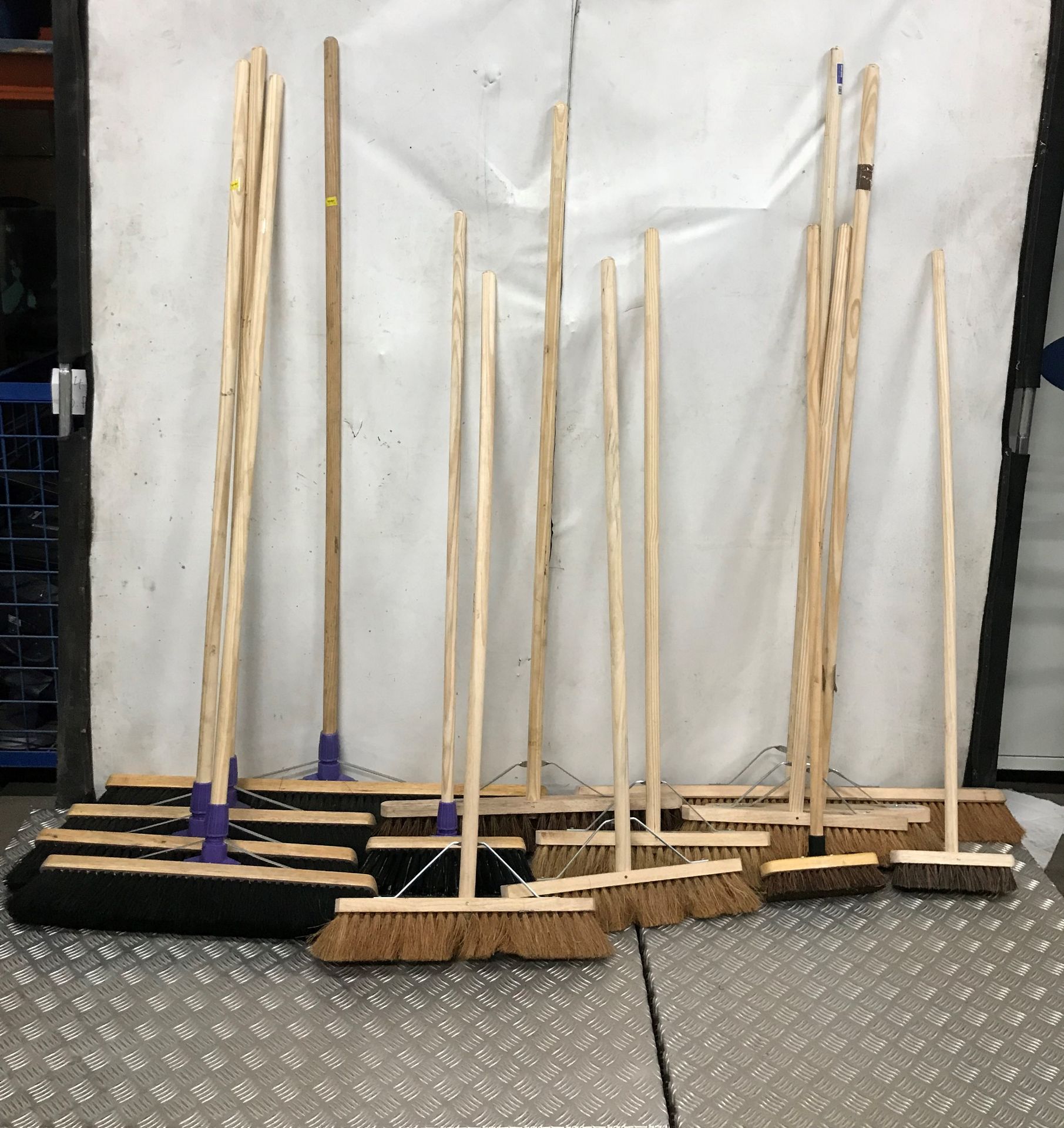 22 x Wooden Soft Brooms, Paving Brushes & Window Squeegees
