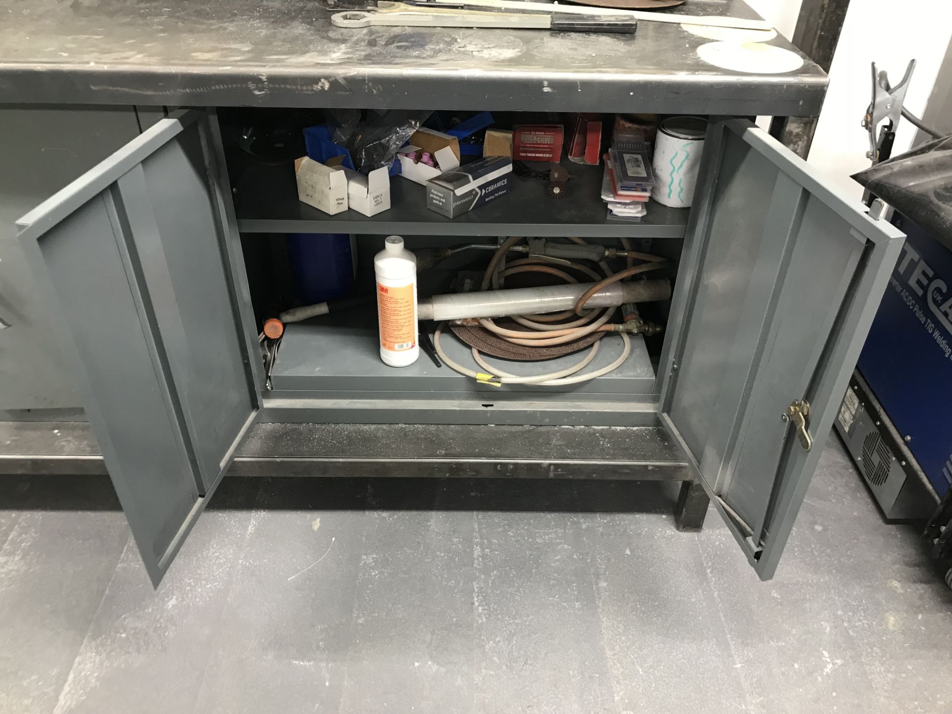 Metal Workbench w/ Light & 3 x Metal Double Door Storage Cabinets - Image 5 of 9