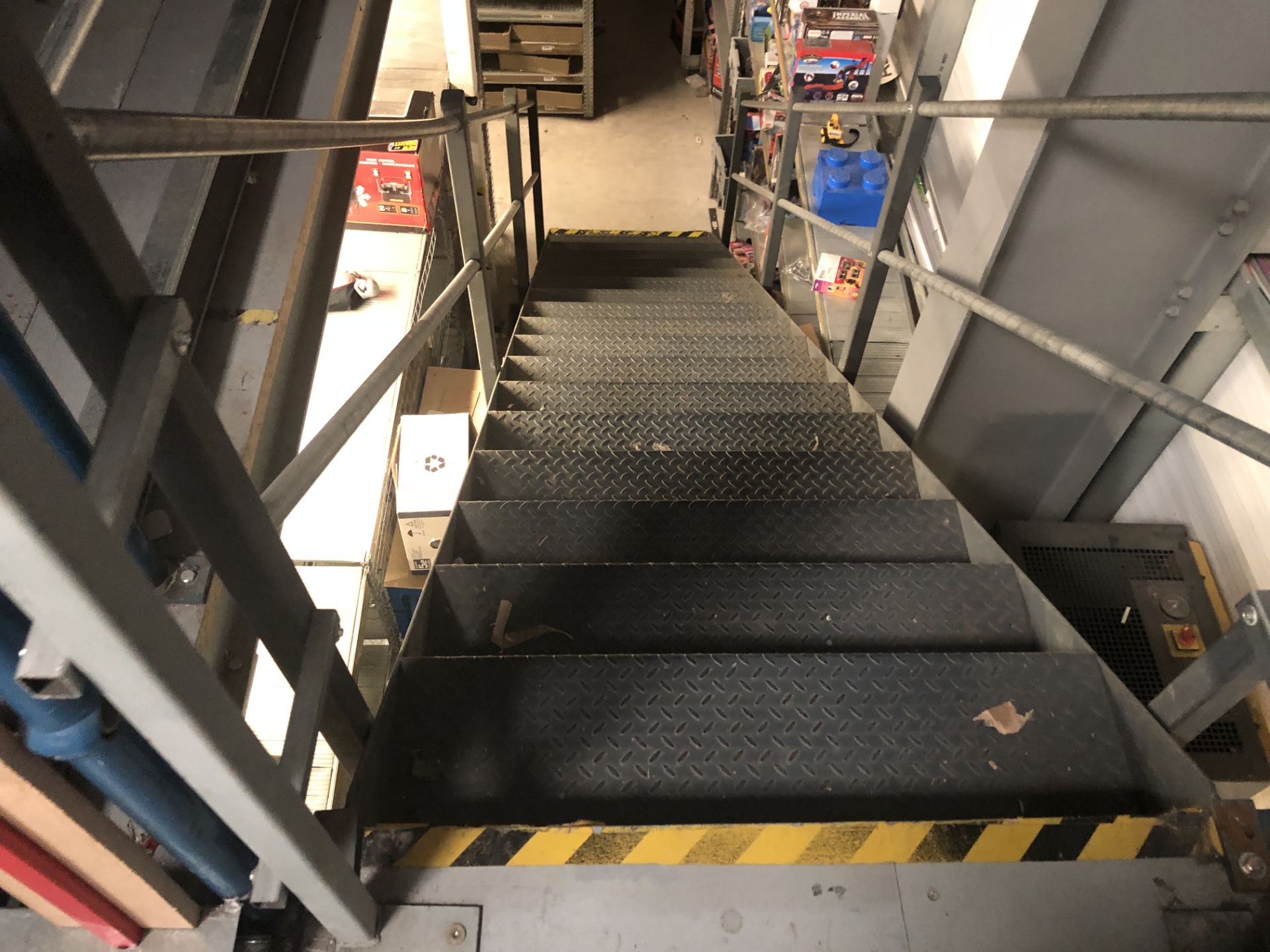 Mezzanine floor 19.7 x 19.4 m incl. 2 x pedestrian staircases, 2 x pallet safety cages, see more… - Image 7 of 8