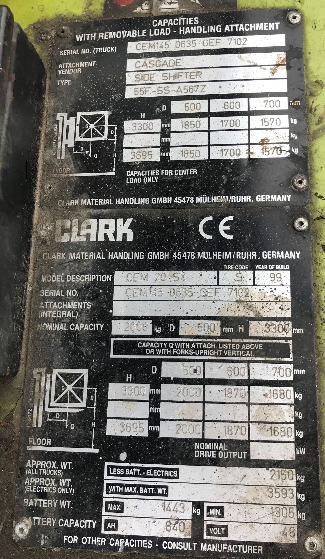 Clark CEM20SX Electric Forklift Truck | YOM: 1999 | Hours: 2374.1 w/ Charger - Bild 8 aus 9