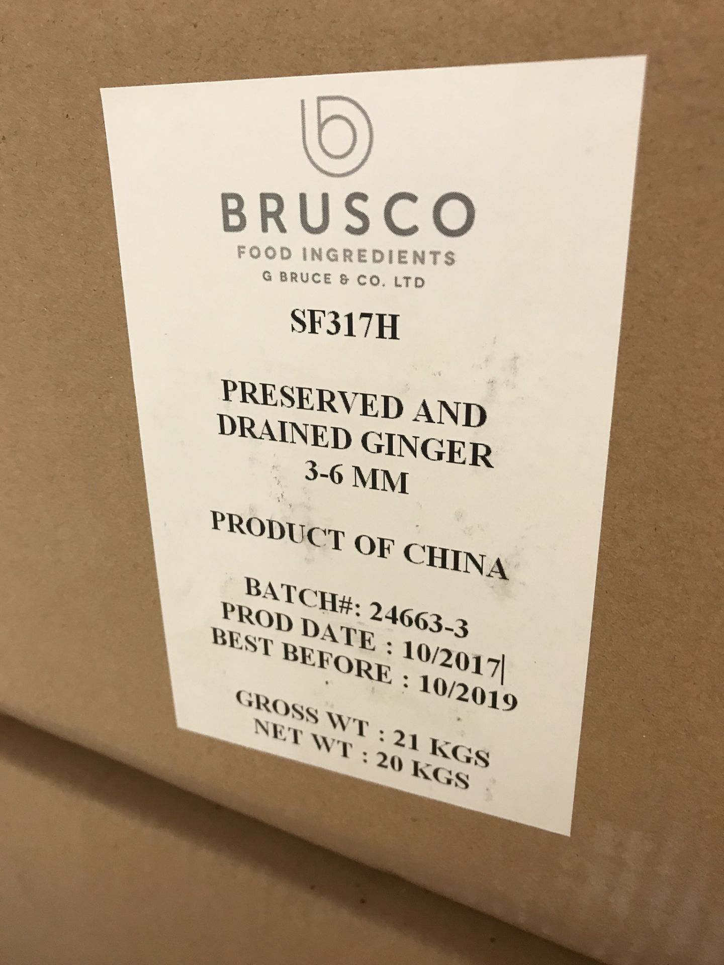 5 x 20kg Brusco SF317H Preserved & Drained Ginger 3-6mm - Image 3 of 3