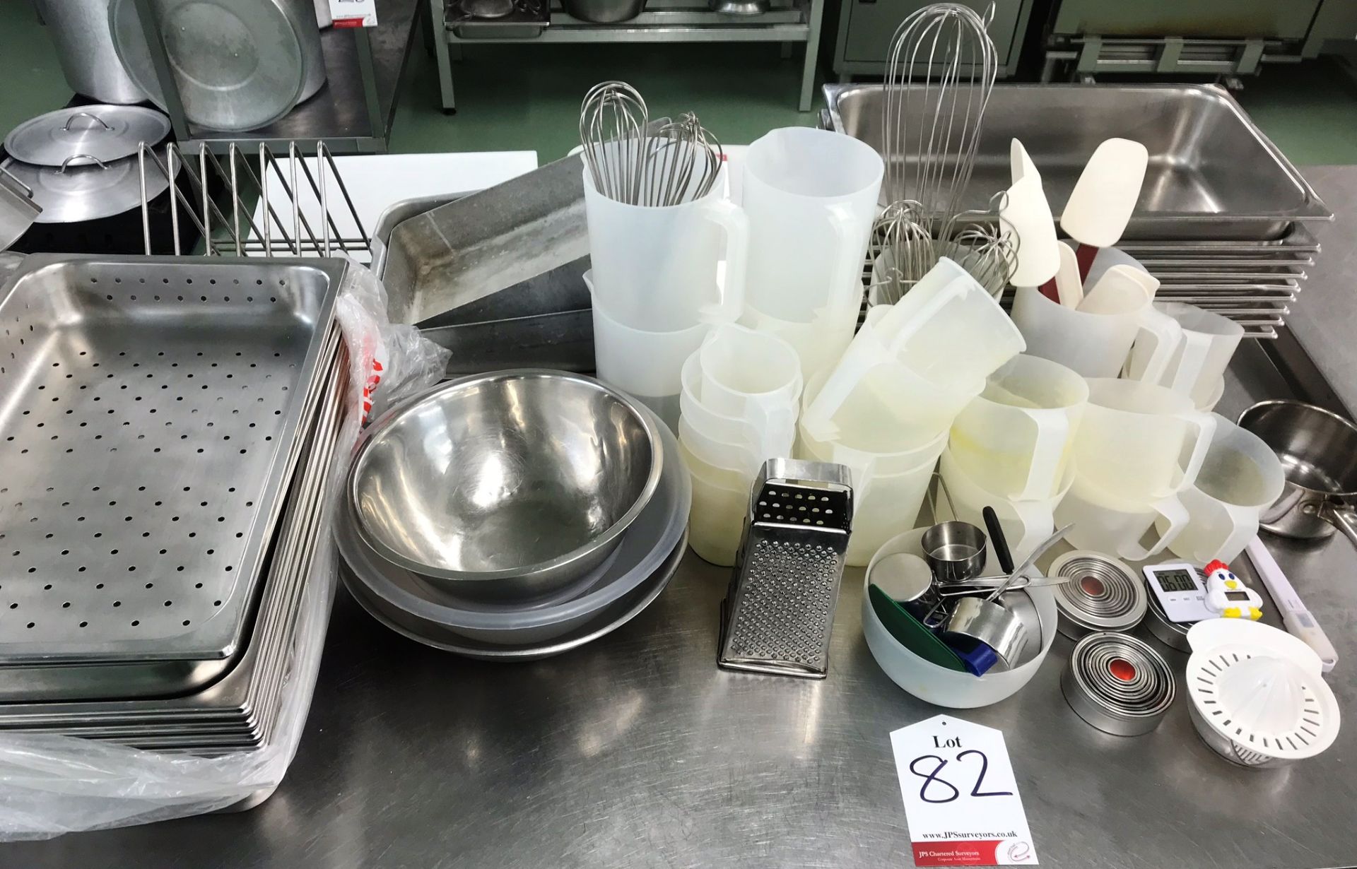 Quantity Of Various Commercial Trays | Bowls | Ladles | Whisks - As Pictured | TABLE NOT INCLUDED