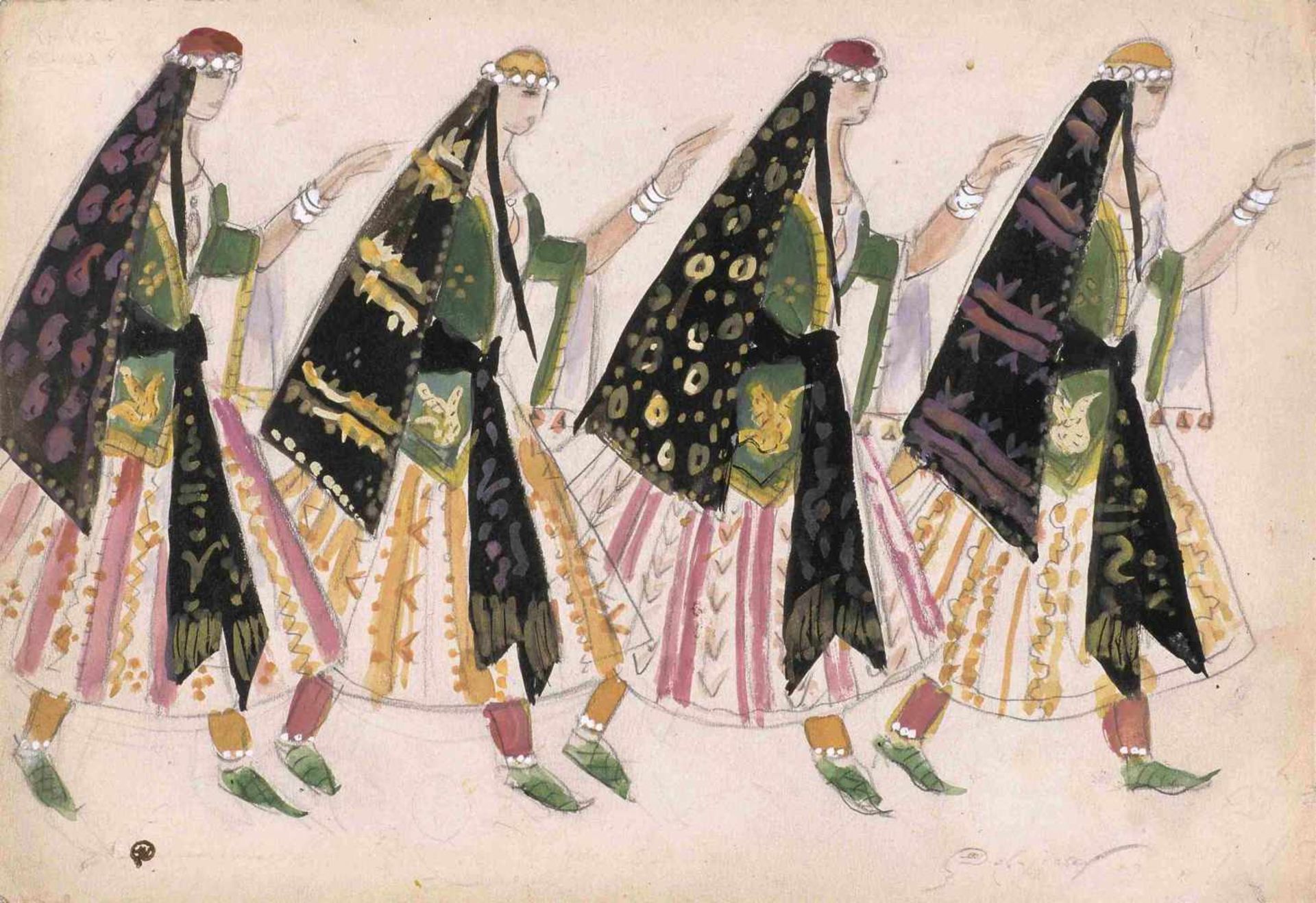 Mstislav Dobuzhinski (1875-1957) Entwurf für vier Frauenkostüme - Oper Chowanschtschina,