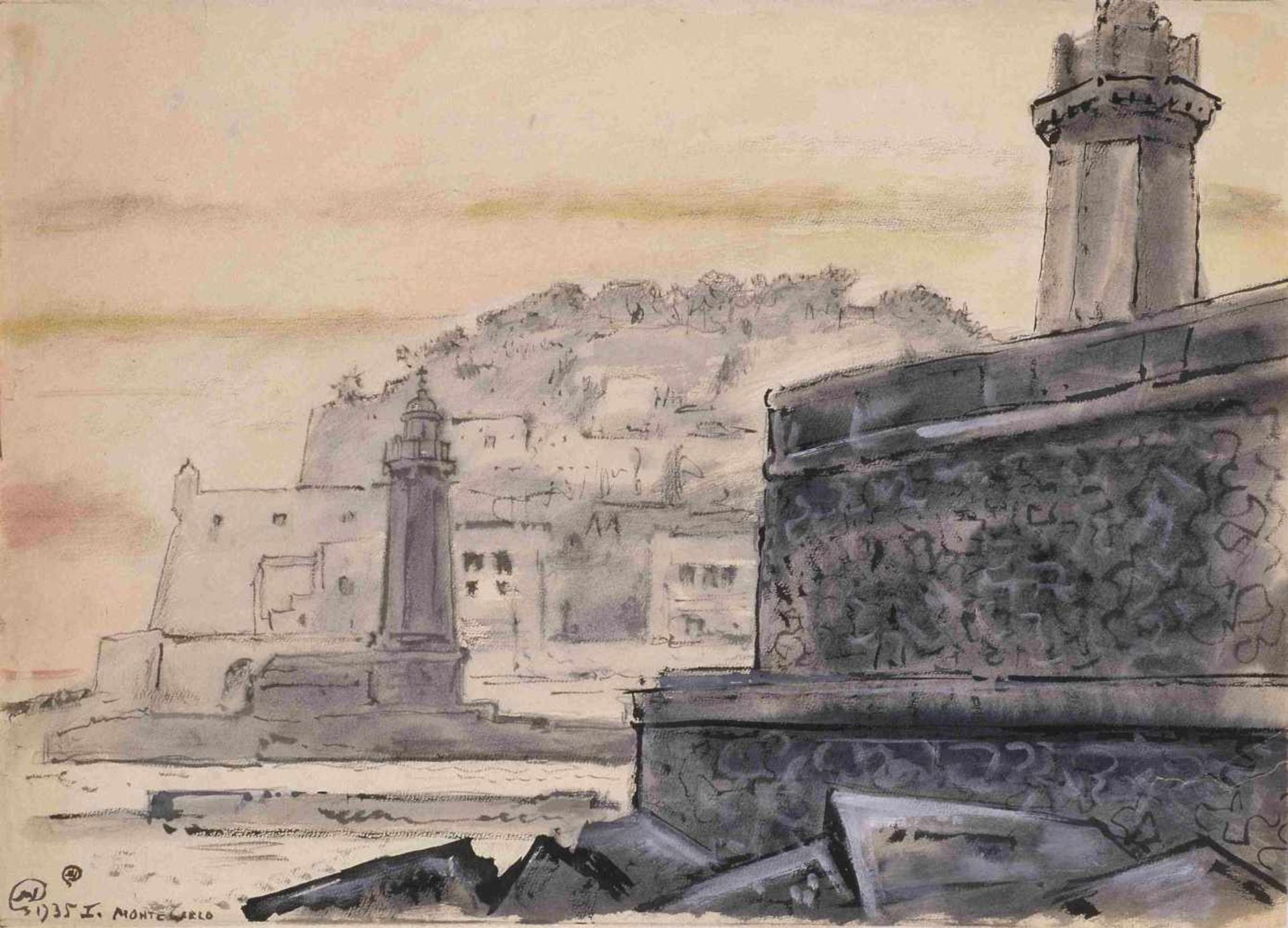 Mstislav Dobuzhinski (1875-1957) Hafeneinfahrt Monte Carlo 1935 Papier, Aquarell, weise Farbe,