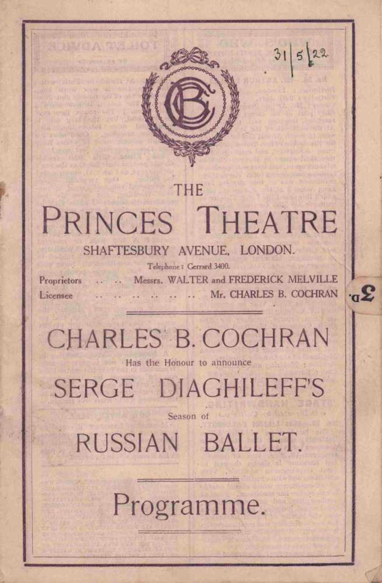 [BALLETS RUSSES, DIAGHILEW] Lot aus 4 Programmheften der Auftritte der Truppe der Ballets Russes von - Bild 3 aus 4