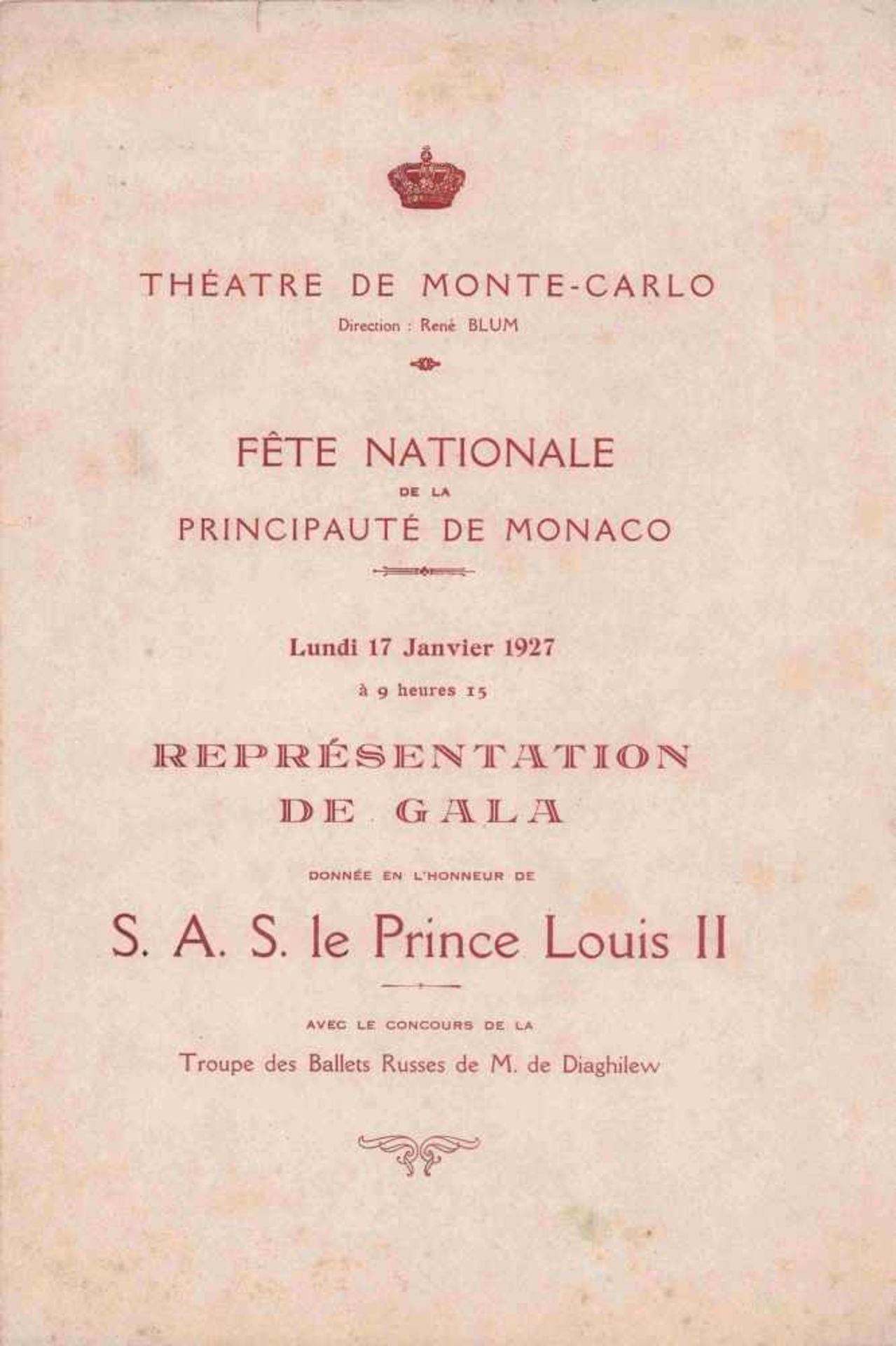 [BALLETS RUSSES, DIAGHILEW, TSCHELITSCHEW] Programmheft der Galaaufführung der Truppe der Ballets