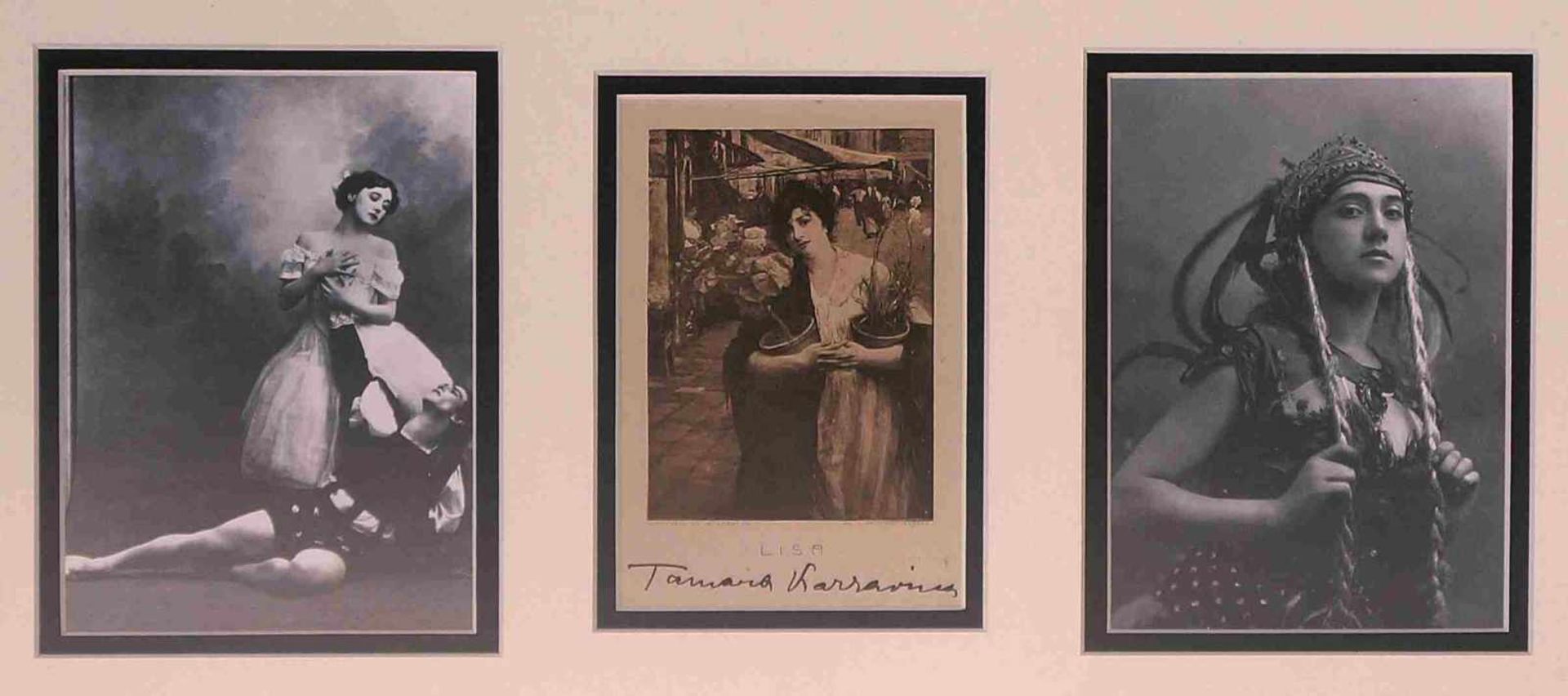 [BALLETS RUSSES, TAMARA KARSAVINA] 2 Fotos von Tamara Karsavina und 1 Postkarte mit Autogramm von Т.