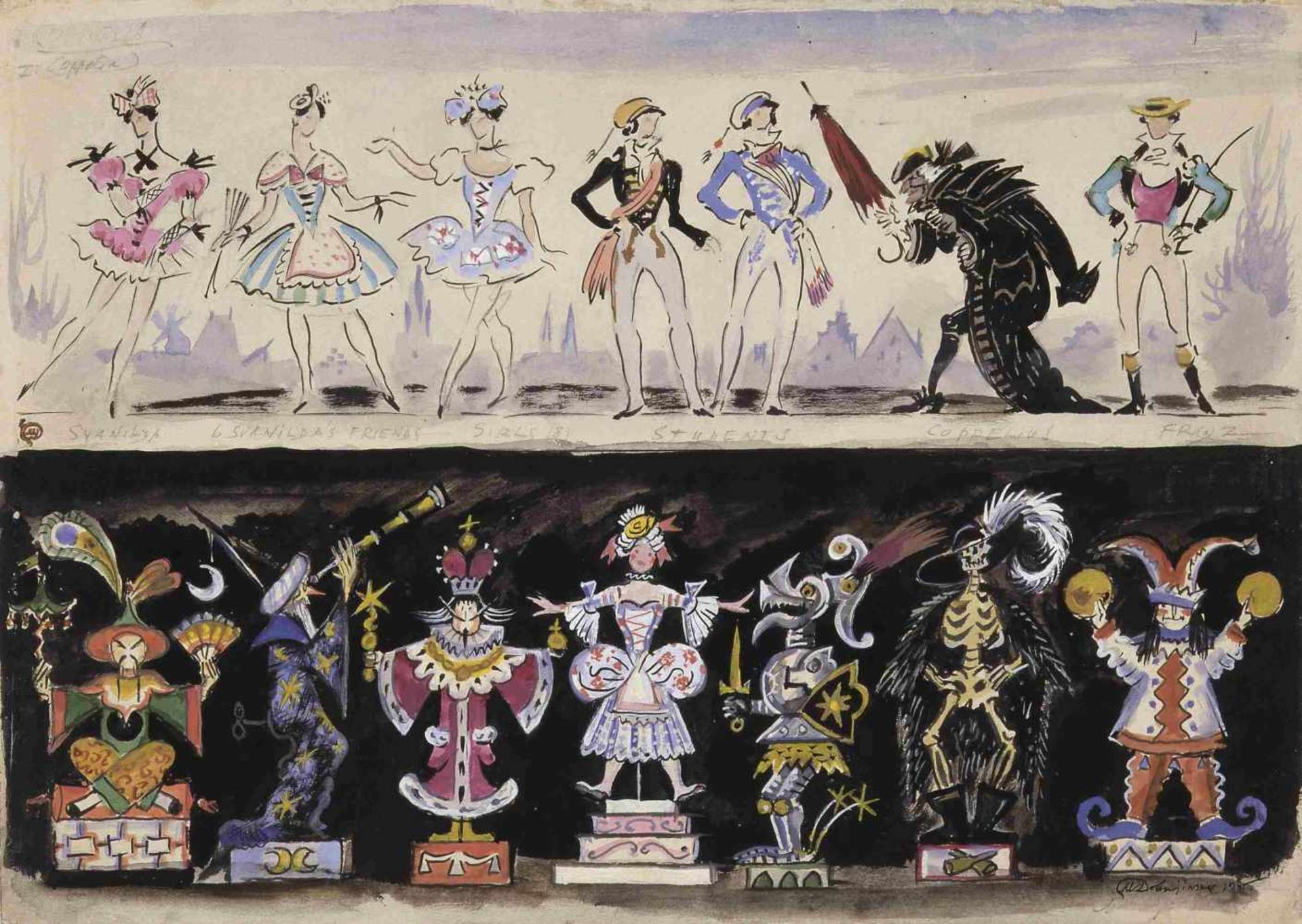 Mstislav Dobuzhinski (1875-1957) Kostümentwürfe für 14 Gestalten - Ballett Coppelia inszeniert von