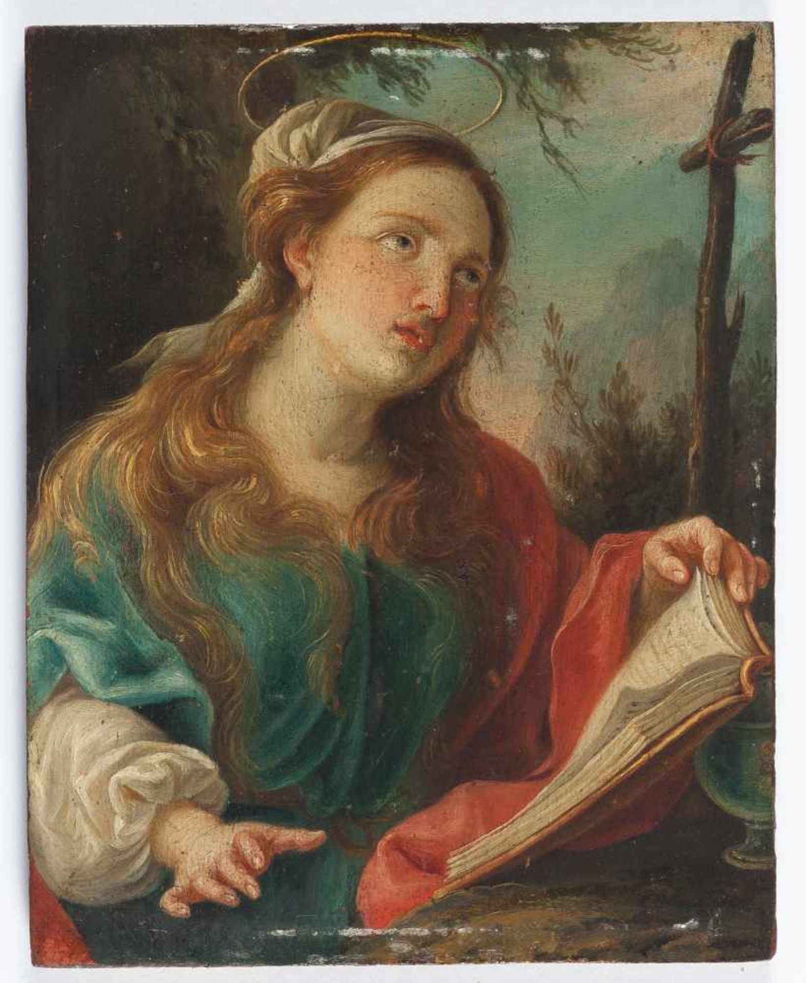 Deutsch Maria Magdalena als Büßerin Öl auf Holz. (1. Hälfte 17. Jh.). 23 x 18,2 cm. Provenienz: - Image 2 of 3