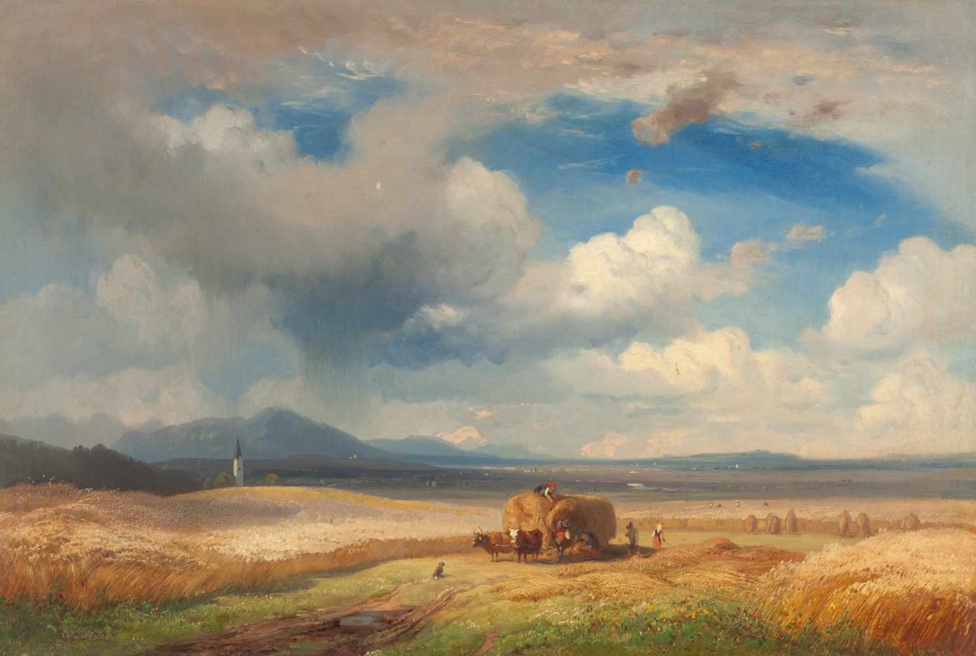 Eduard Schleich d. Ä. Heuernte im Voralpenland Öl auf Leinwand, doubliert. (Um 1845). 36,5 x 54,2
