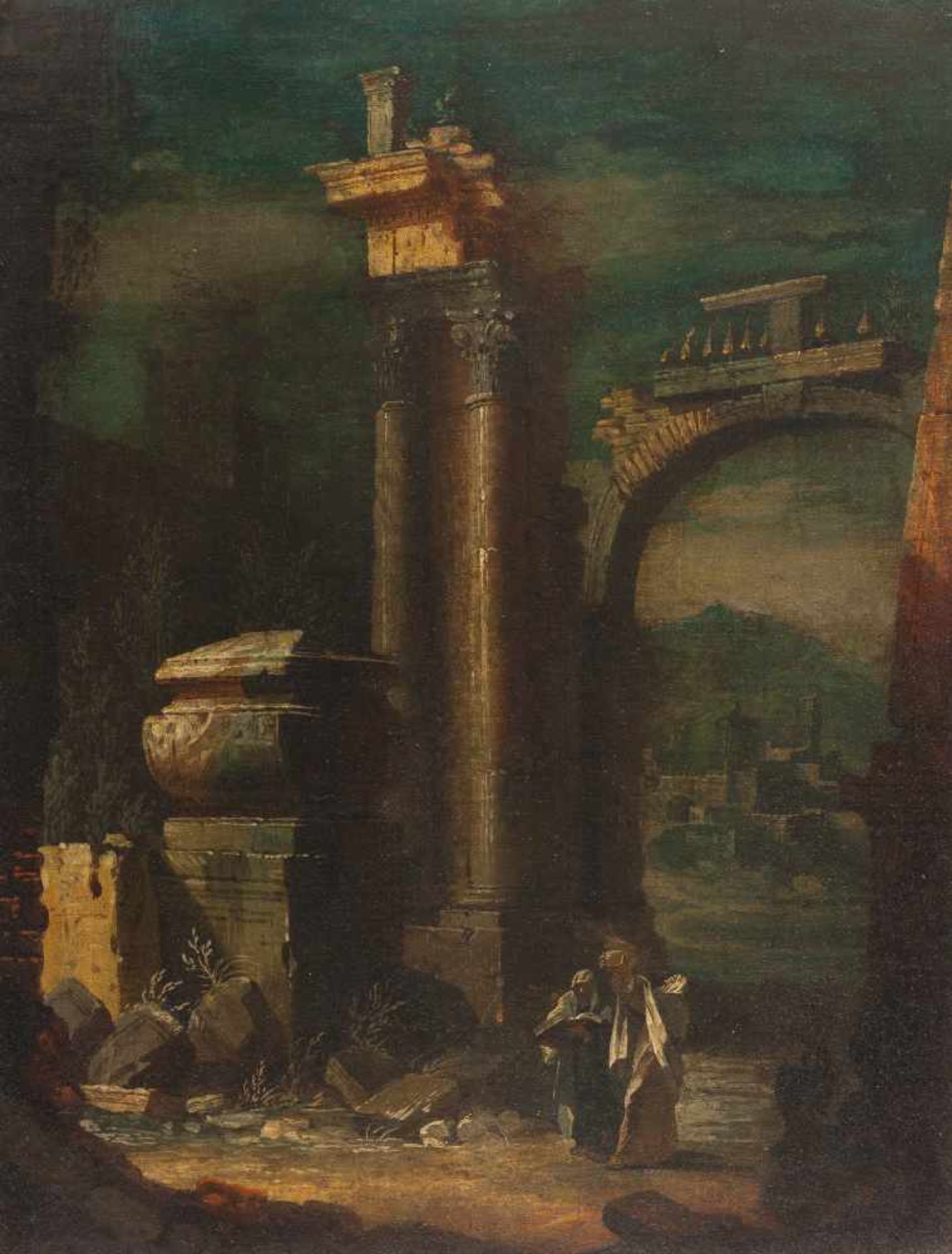 Leonardo Coccorante Architekturcapriccio mit klassischen Ruinen und einem Sarkophag Öl auf Leinwand,